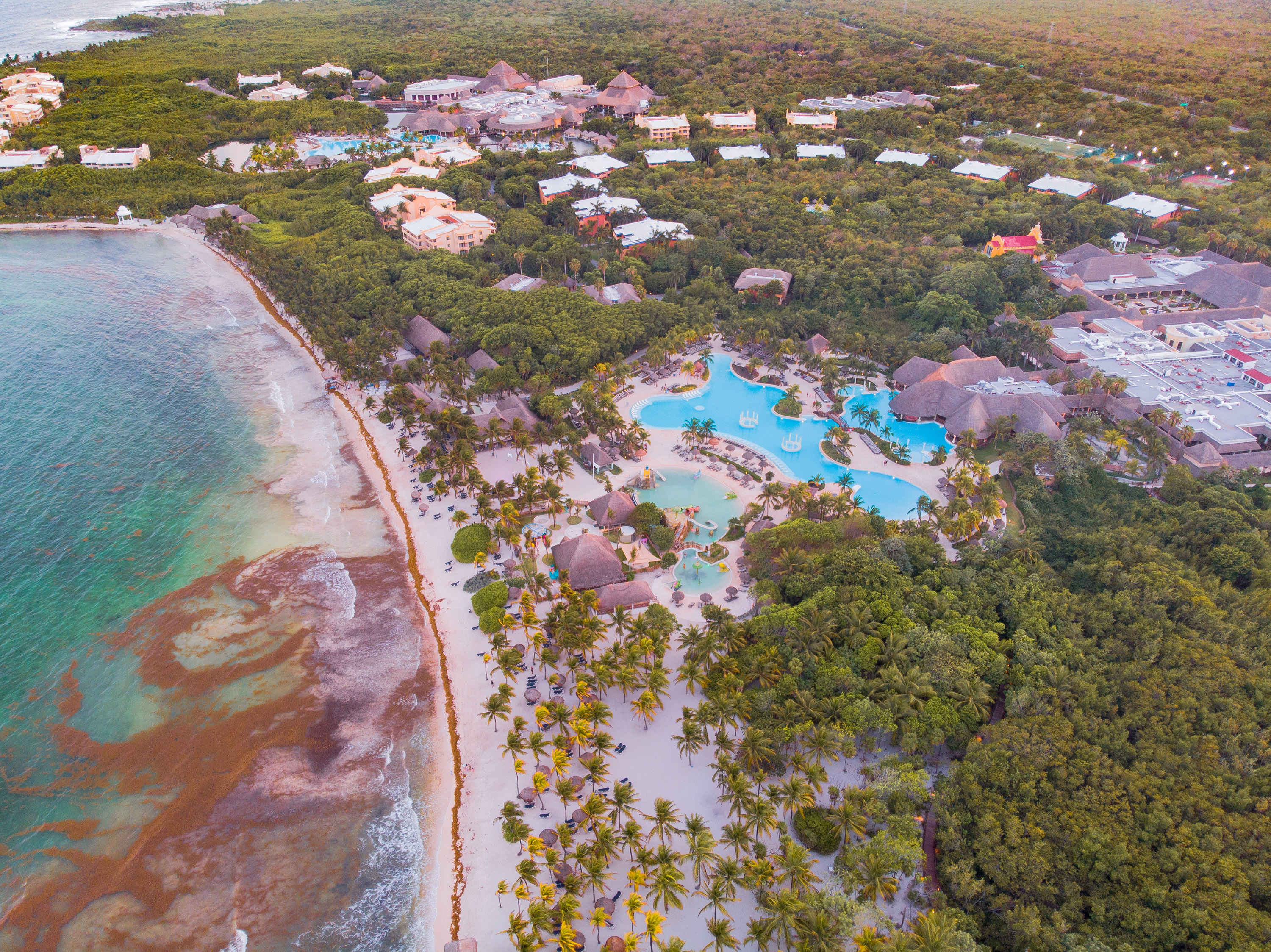 Aerial photography of Cancun Mexico beach hotel zone
