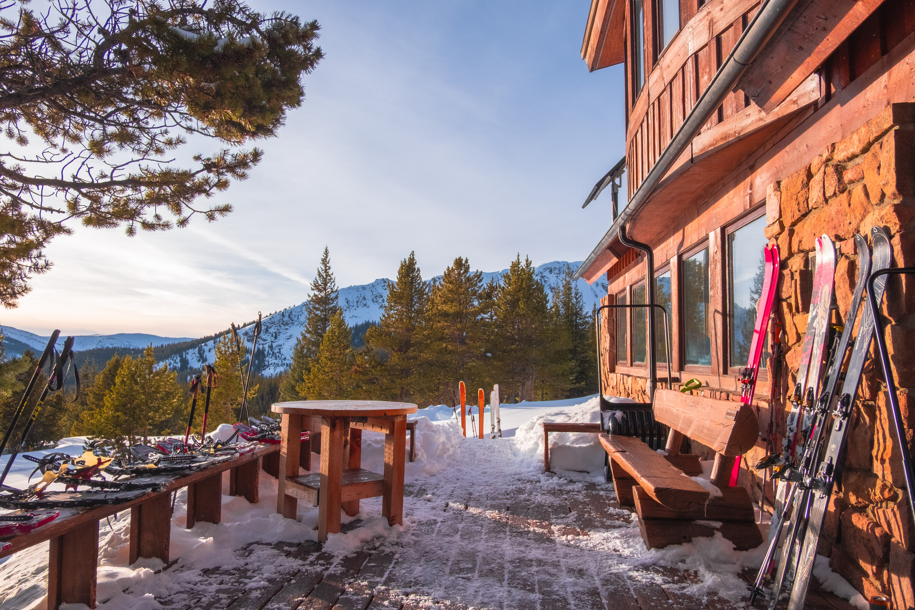 Snowy Colorado cabin with backcountry skis